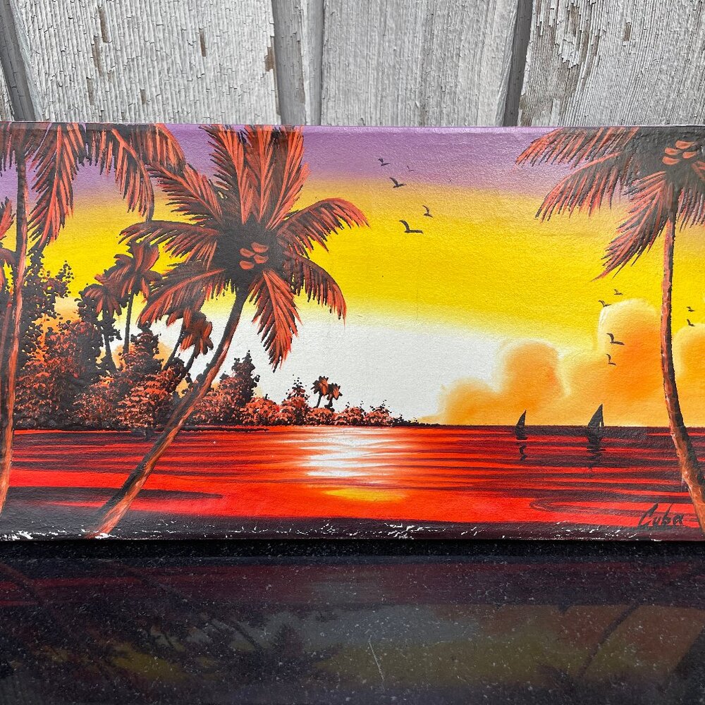 Cuba Cuban Tropical Sunset Painting Acrylic On Canvas Palm Trees Sailboats